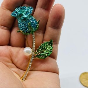 Rhinestone Blue Rose Brooch